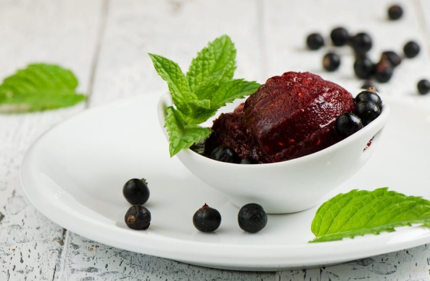 Aromatisches Sorbet aus schwarzen Johannisbeeren und Minze