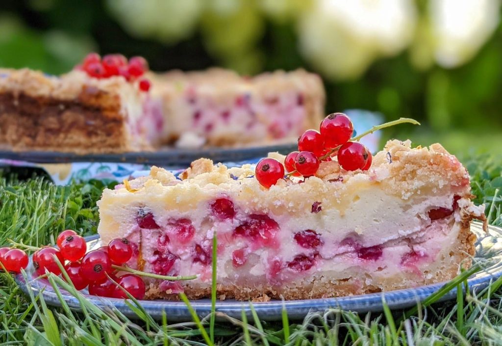 Cremiger Käsekuchen mit Streuseln und Johannisbeeren