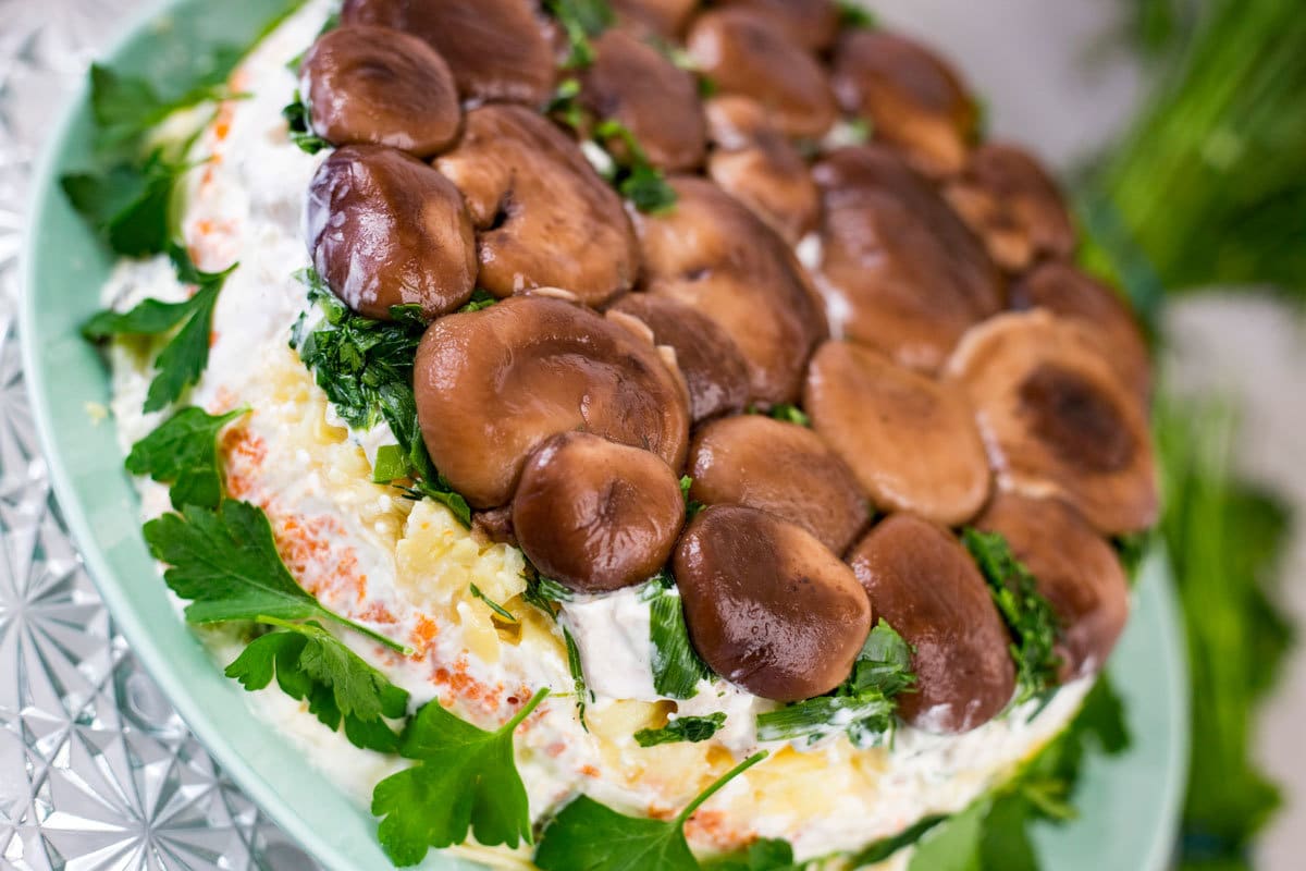 Einfacher Schichtsalat mit Pilzen