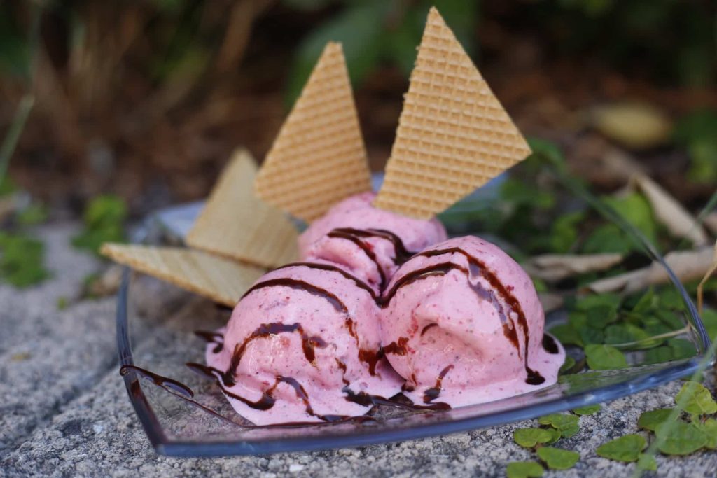 Erdbeereis aus gefrorenen Erdbeeren und Naturjoghurt