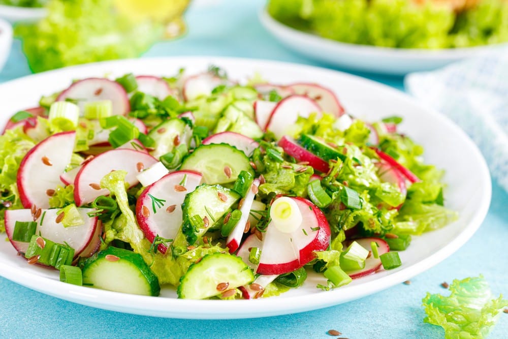 Frischer Blattsalat mit Gurken und Radieschen