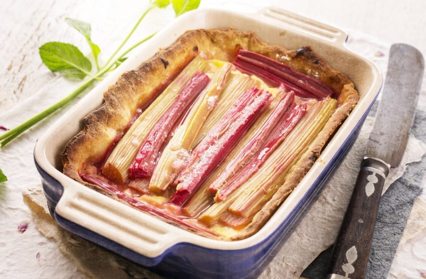 Leckerer Rhabarberkuchen aus Mürbeteig mit Vanillecreme