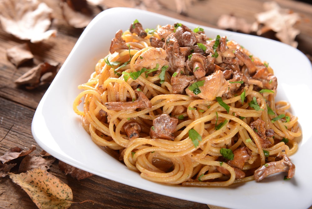 Nudeln mit Pfifferlingen und Hähnchen in cremiger Sauce