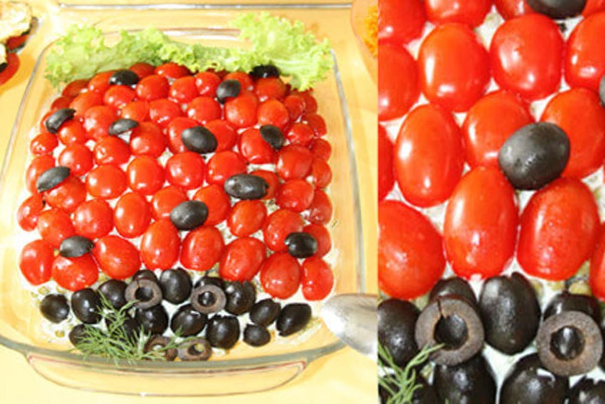 Schichtsalat Marienkäfer mit Tomaten