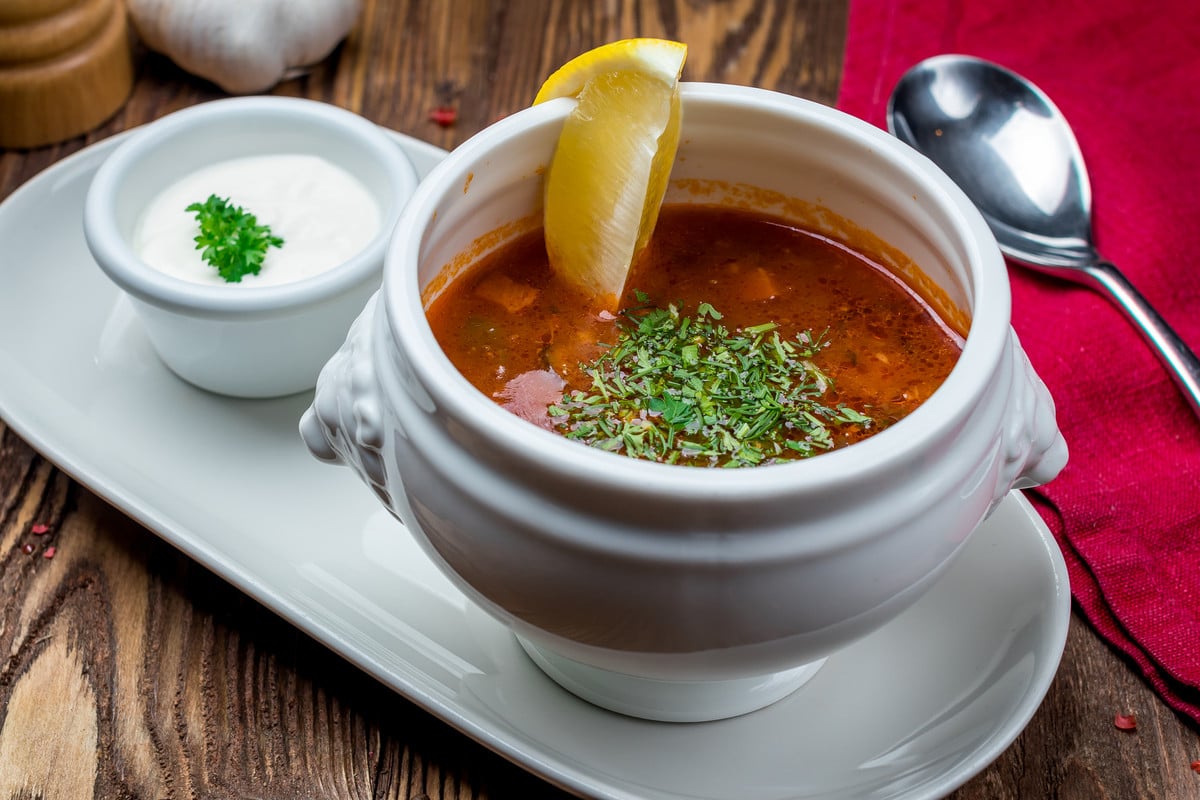 Soljanka Suppe mit Rindfleisch