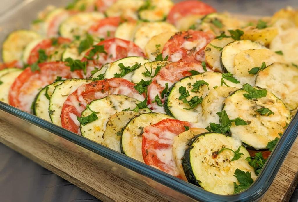 Saftiges Kartoffelgratin mit Zucchini, Tomaten und geschmolzenem Käse