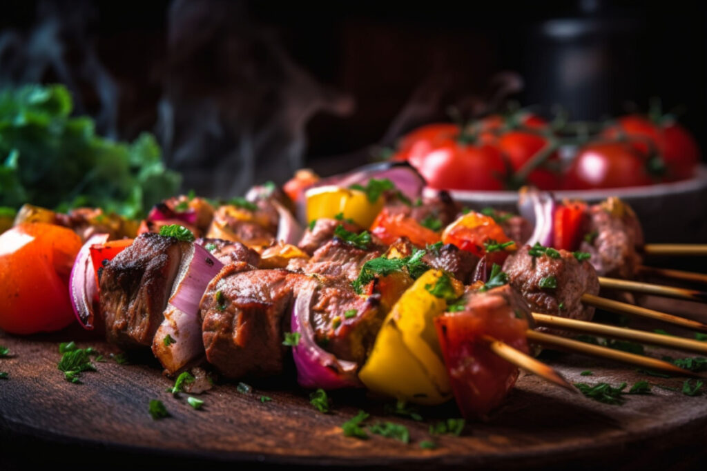 Saftige gegrillte Kebabspieße mit Fleisch und Gemüse