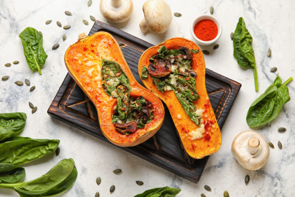 Süß trifft herzhaft Butternut-Kürbis perfekt kombiniert mit Spinat