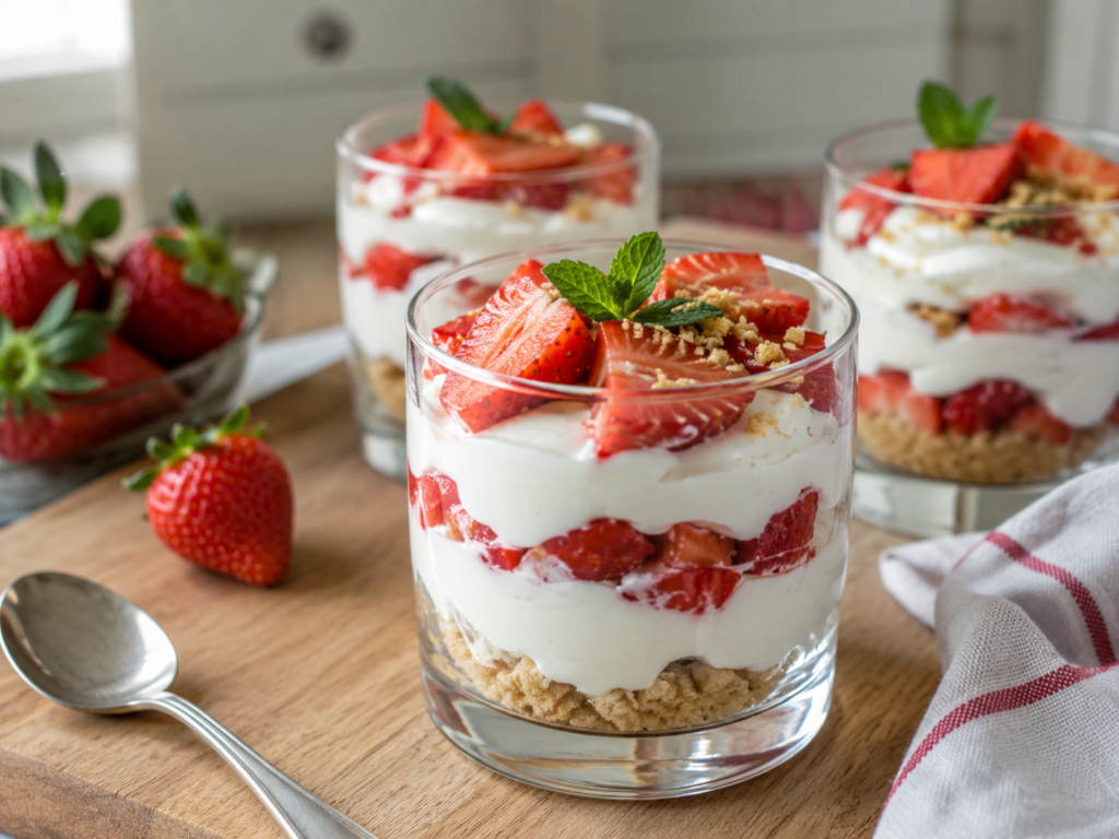 Einfaches Erdbeer-Dessert im Glas mit cremiger Quarkcreme, frischen Erdbeeren und knusprigem Keksboden.