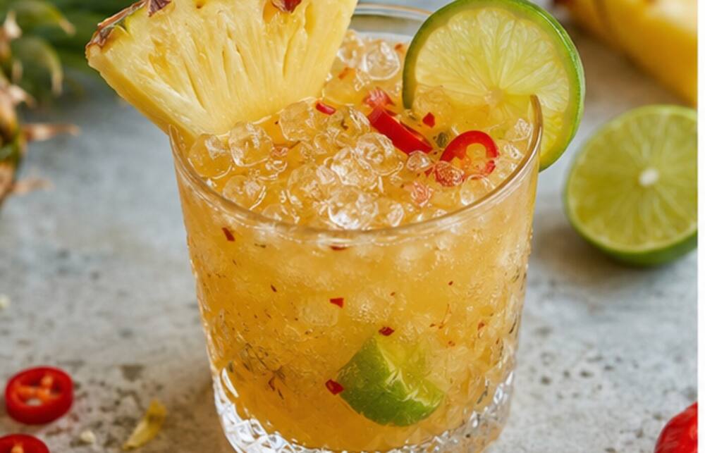 Ananas-Chili-Caipirinha im Cocktailglas mit Eis und Garnitur