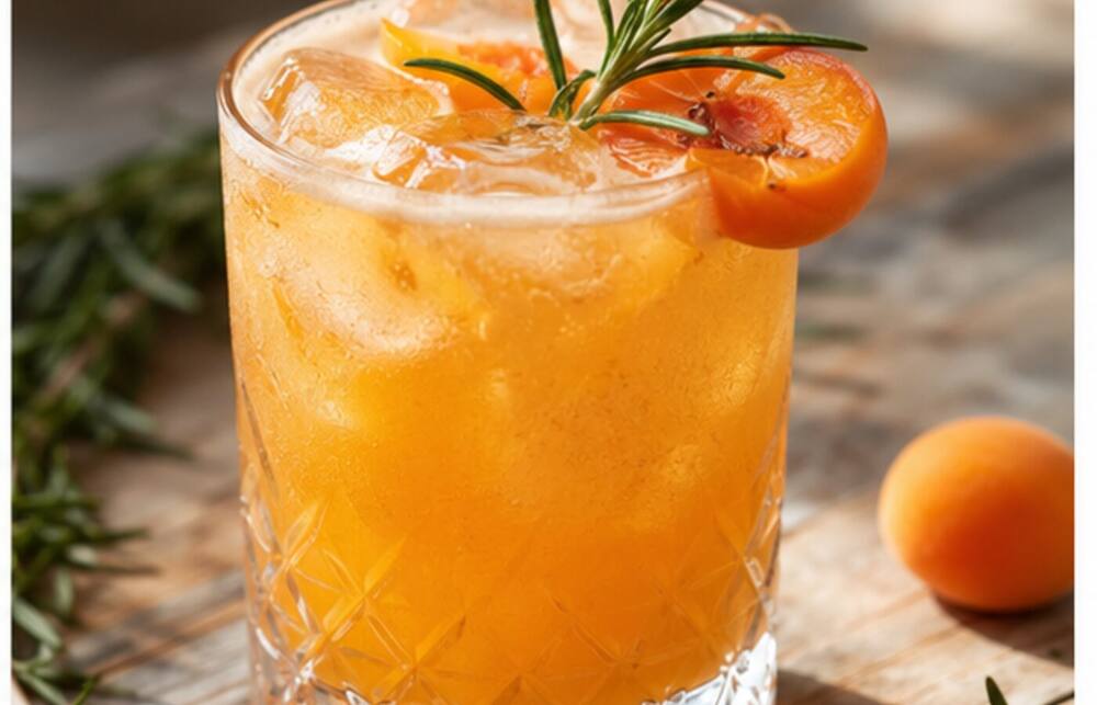 Aprikosen-Rosmarin-Bourbon-Sour im Cocktailglas mit Eis und Garnitur