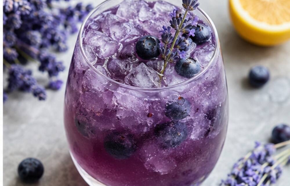 Blaubeer-Lavendel-Wodka-Limonade im Cocktailglas mit Eis und Garnitur