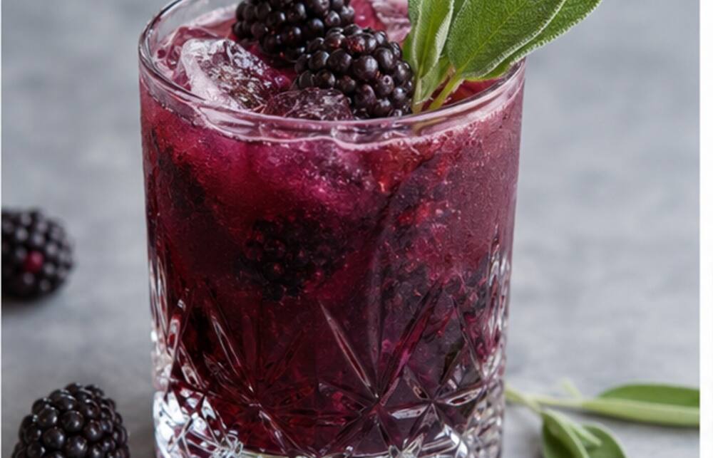 Brombeer-Salbei-Tequila-Smash im Cocktailglas mit Eis und Garnitur