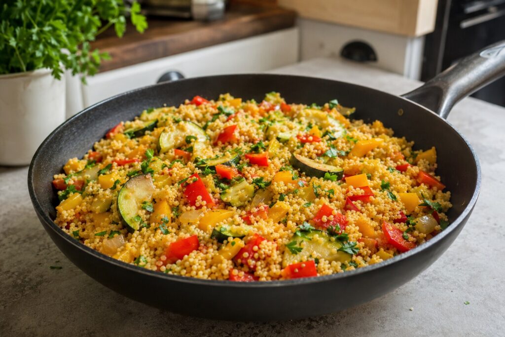 Bunte Couscous-Gemüse-Pfanne mit Zucchini sowie roter und gelber Paprika
