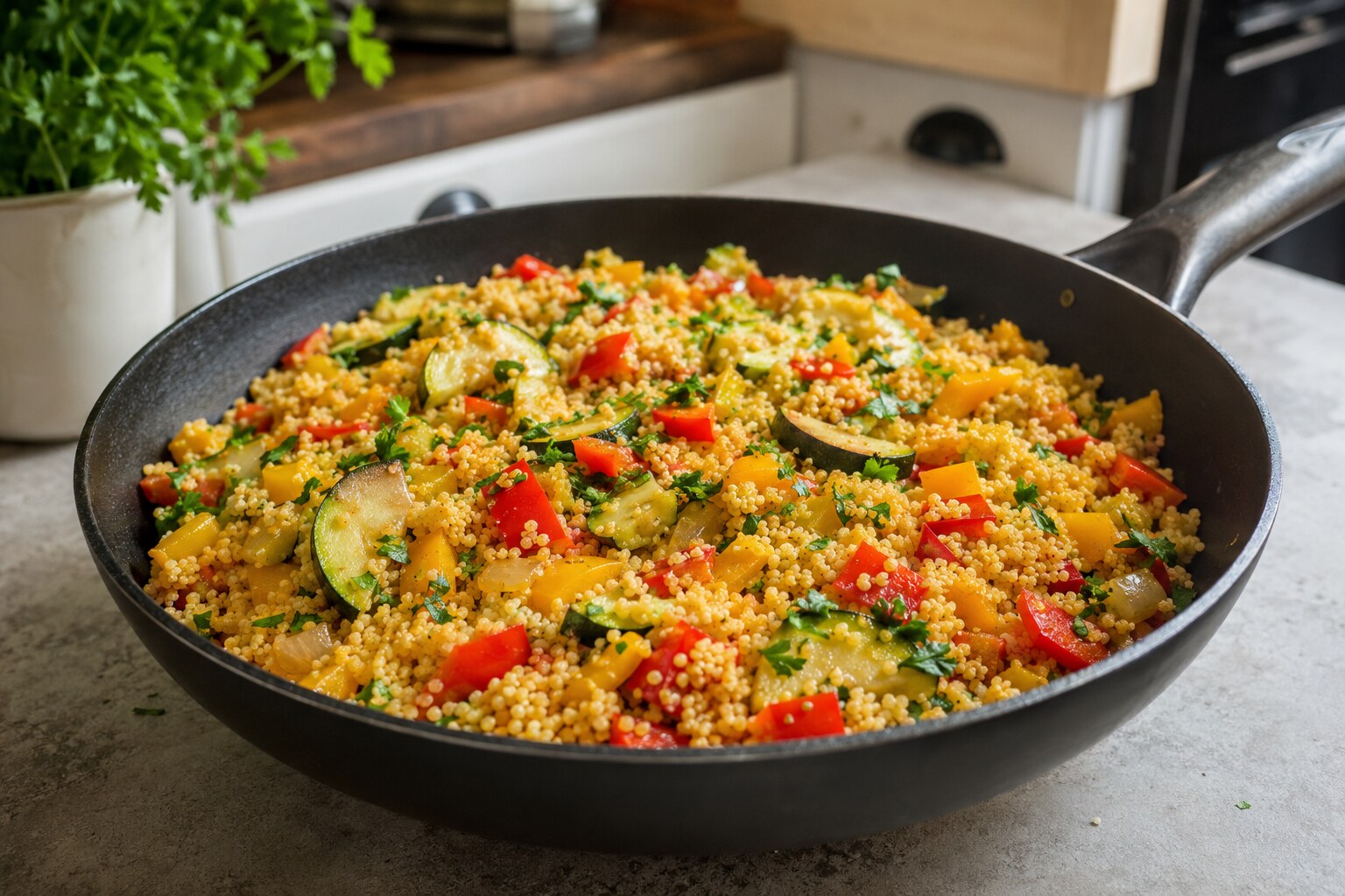 Bunte Couscous-Gemüse-Pfanne mit Zucchini sowie roter und gelber Paprika