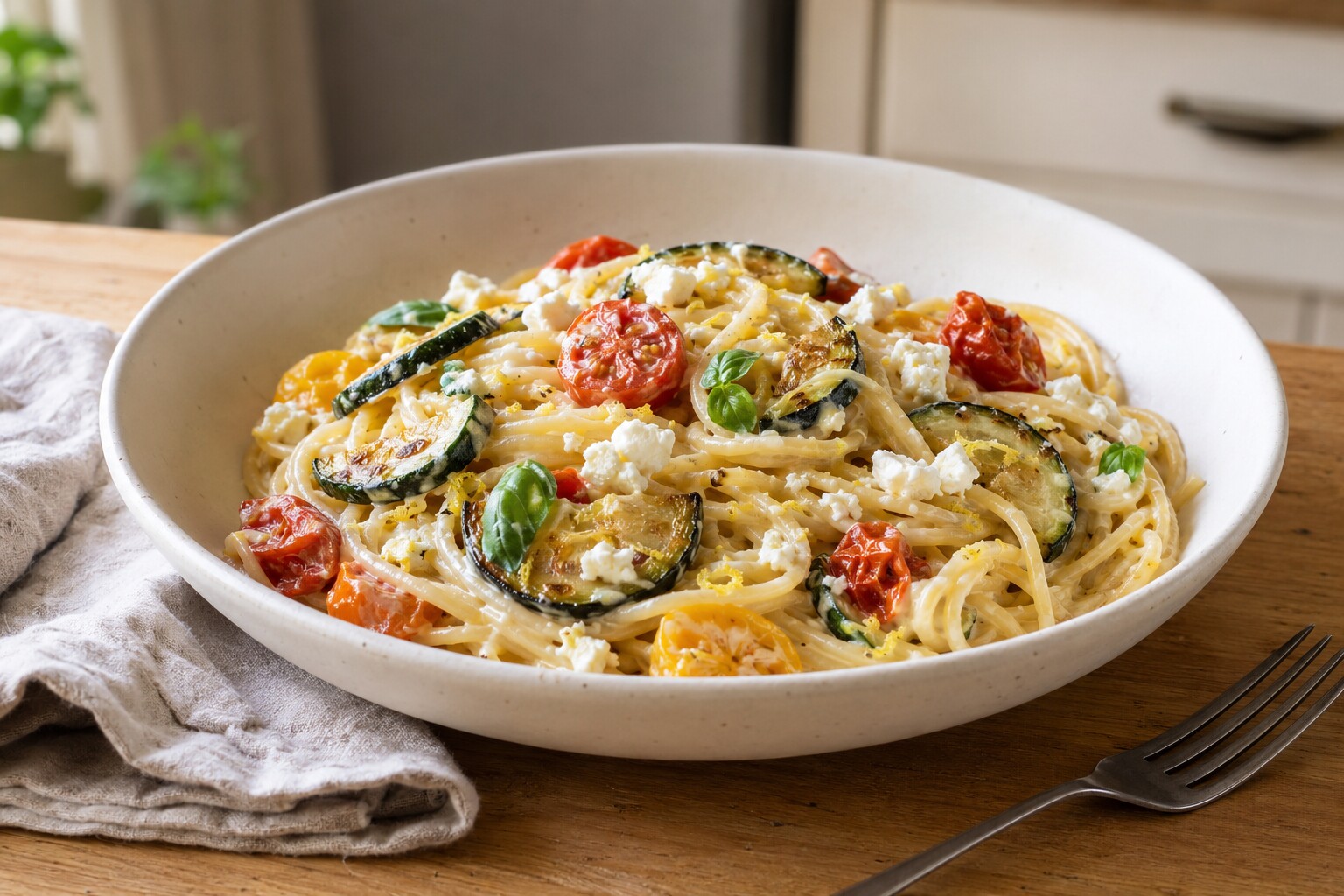 Cremige Zucchini-Tomaten-Pasta mit Feta, gebratener Zucchini und Kirschtomaten
