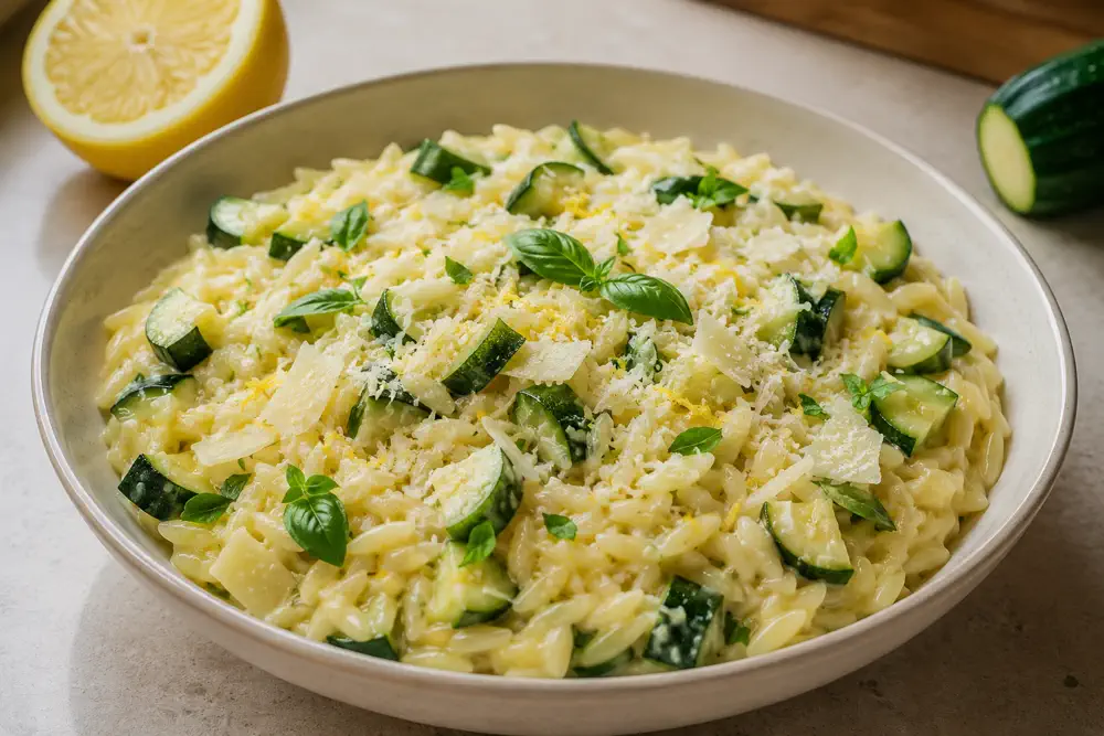 Cremiges Zitronen-Orzo mit Zucchini, Parmesan, Basilikum und Zitronenabrieb in einer hellen Schale