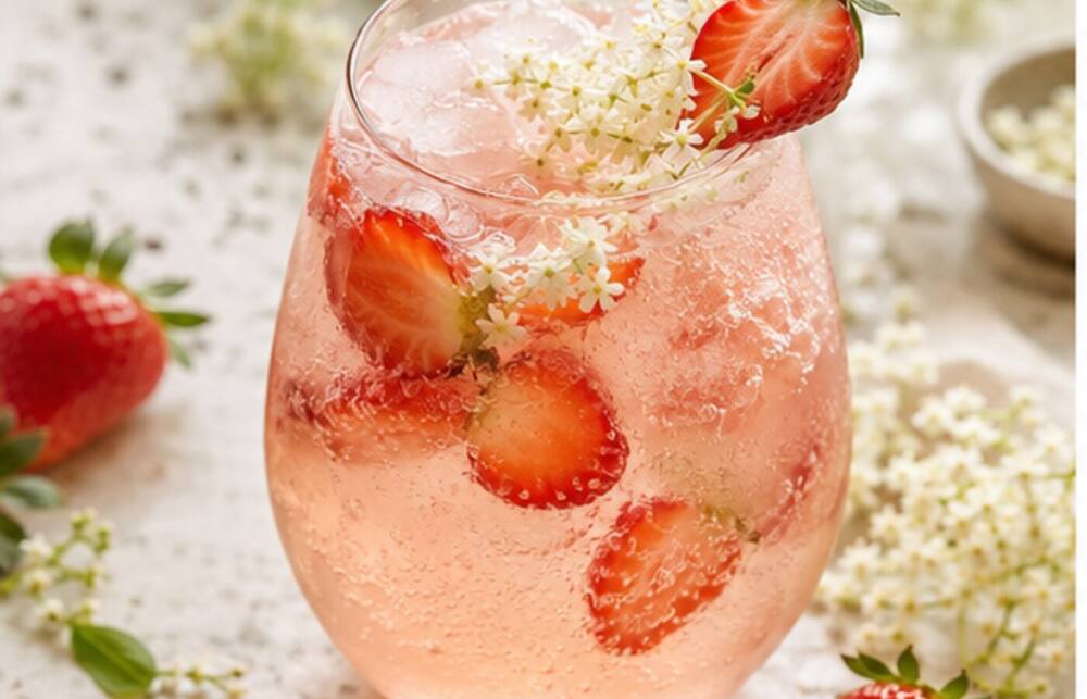 Erdbeer-Holunder-Gin-Spritz im Cocktailglas mit Eis und Garnitur