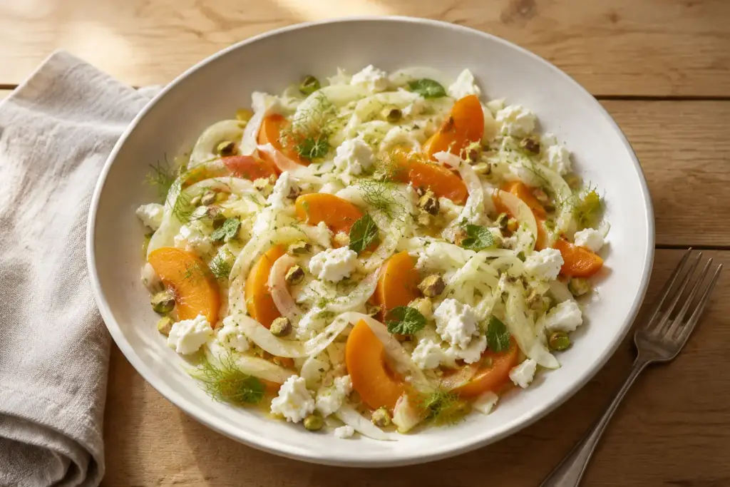 Fenchel-Aprikosen-Salat mit Feta, Pistazien und Minze in einer hellen Keramikschale