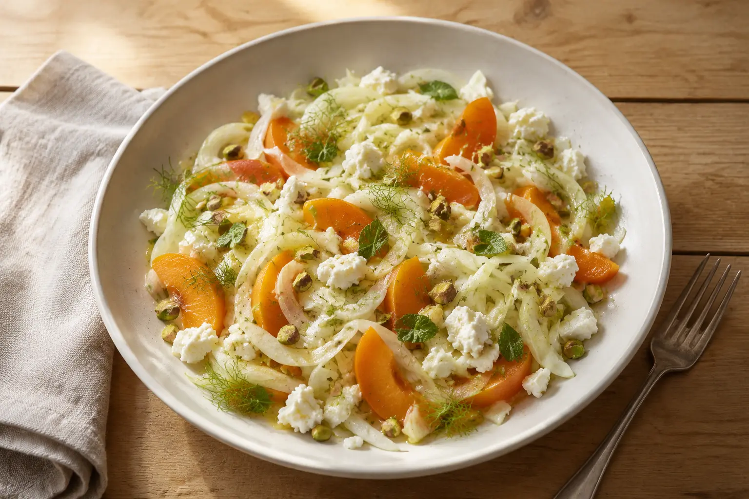 Fenchel-Aprikosen-Salat mit Feta, Pistazien und Minze in einer hellen Keramikschale