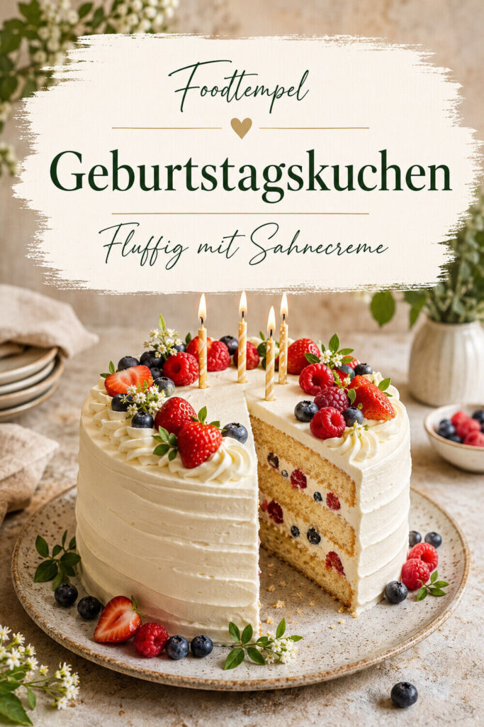 Fluffiger Geburtstagskuchen mit Sahnecreme – Foodtempel Pinterest Pin