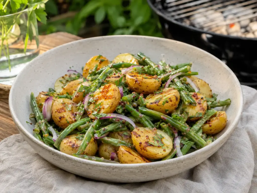 Warmer gegrillter Kartoffelsalat mit grünen Bohnen und Senfvinaigrette