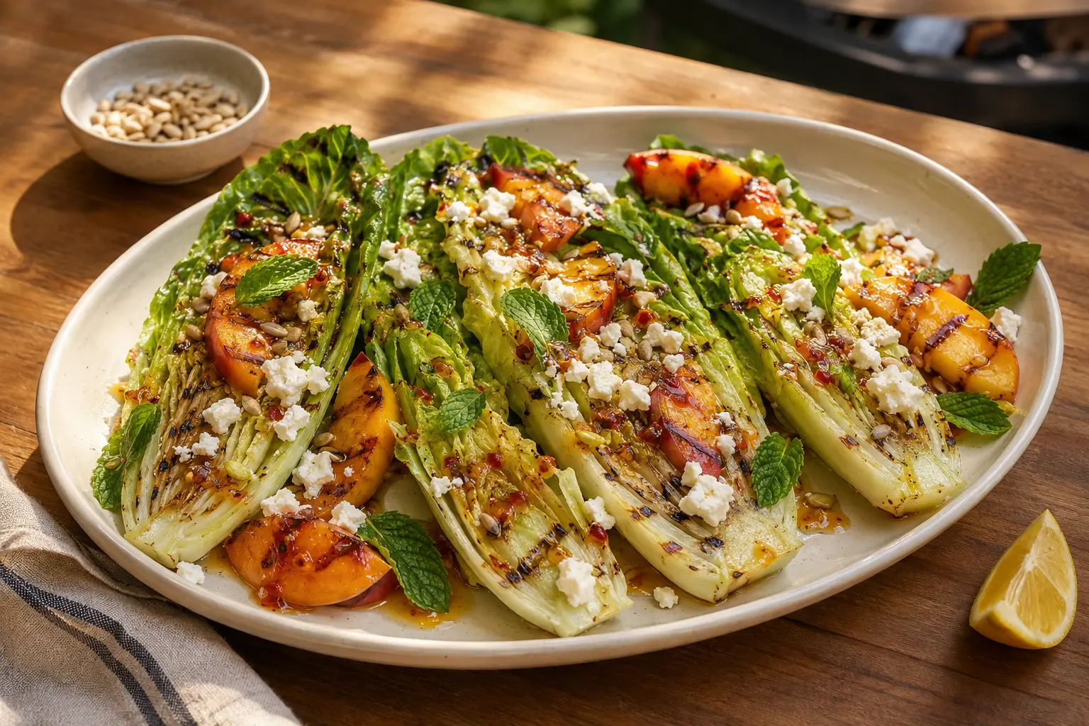 Gegrillte Romanasalatherzen mit Pfirsich, Feta, Minze und Chili-Honig-Dressing
