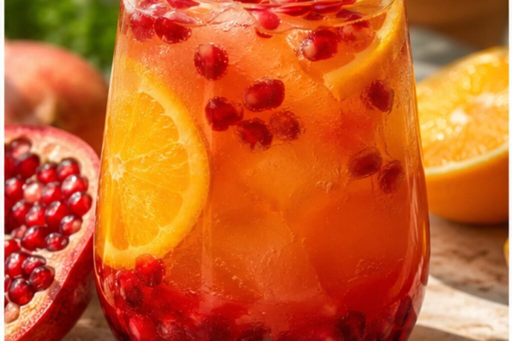 Granatapfel-Orangen-Tequila-Sunrise mit Eis und frischen Zutaten