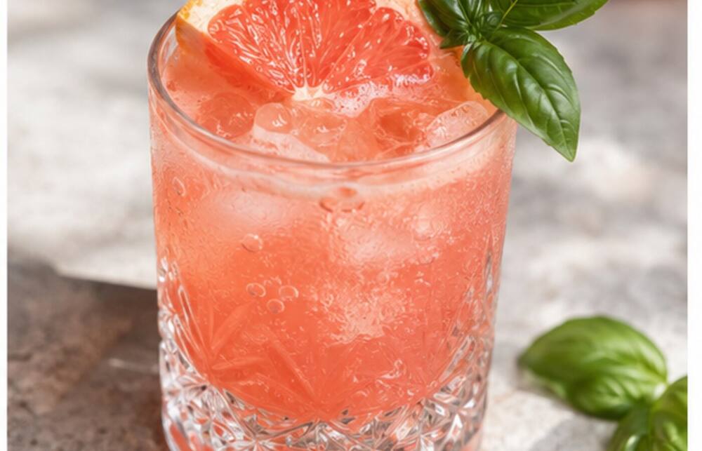 Grapefruit-Basilikum-Paloma im Cocktailglas mit Eis und Garnitur