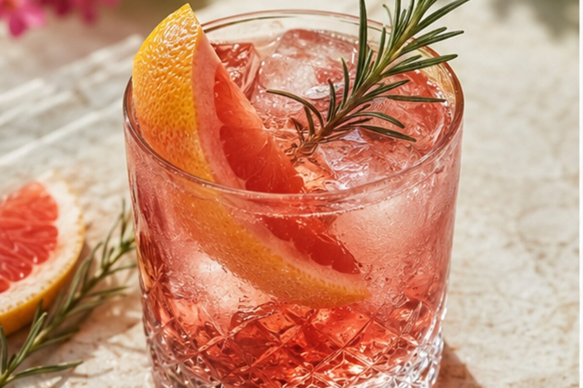 Grapefruit-Rosmarin-Negroni mit Eis und frischen Zutaten