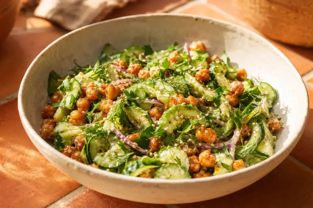 Gurkensalat mit cremigem Tahini-Zitronen-Dressing und knusprigen Kichererbsen