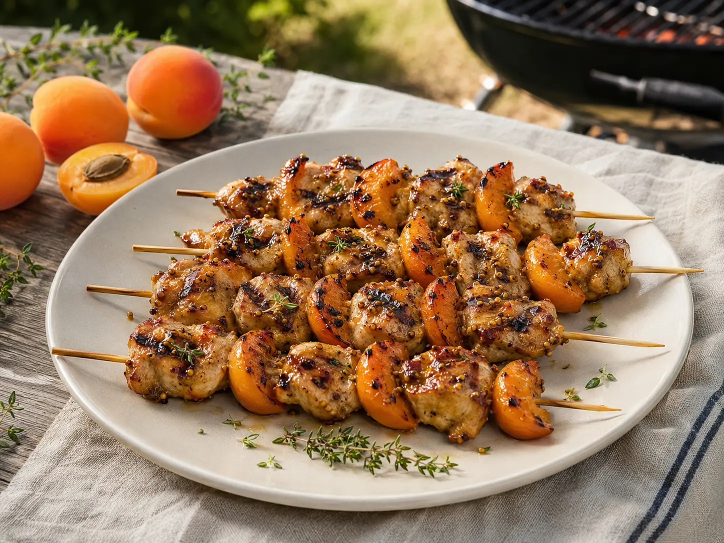 Gegrillte Hähnchen-Aprikosen-Spieße mit körniger Senfmarinade