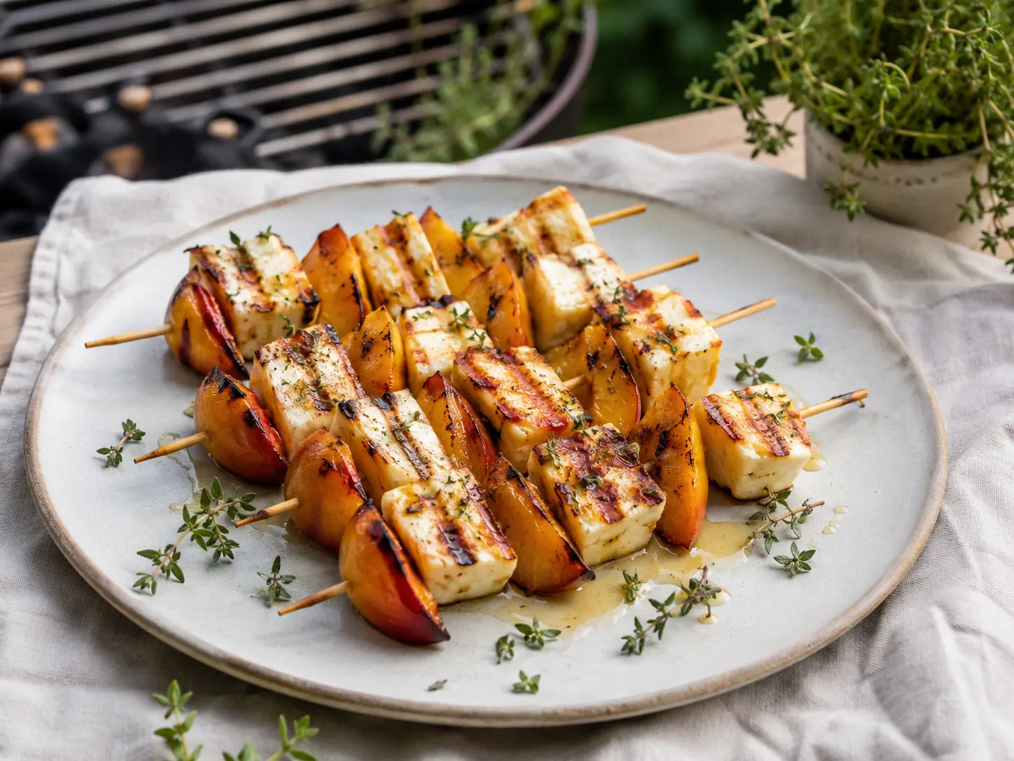 Gegrillte Halloumi-Pfirsich-Spieße mit Honig und Thymian