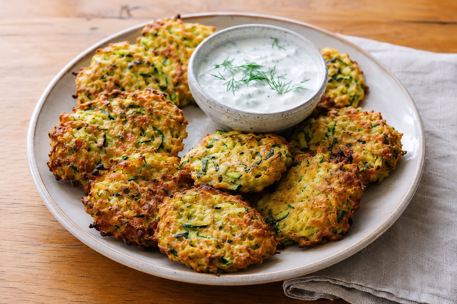 Knusprige Zucchini-Puffer aus dem Ofen mit Kräuter-Joghurt
