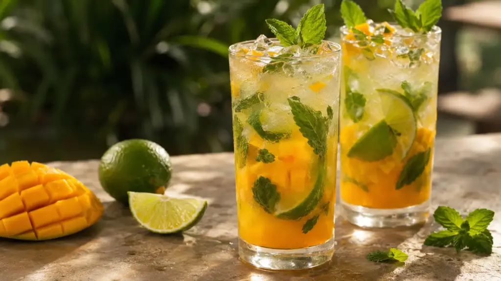 Mango-Limetten-Mojito mit Minze, Limette, Eis und weißem Rum
