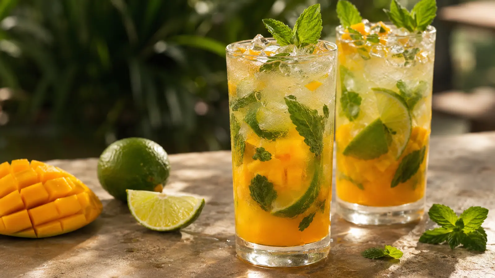 Mango-Limetten-Mojito mit Minze, Limette, Eis und weißem Rum