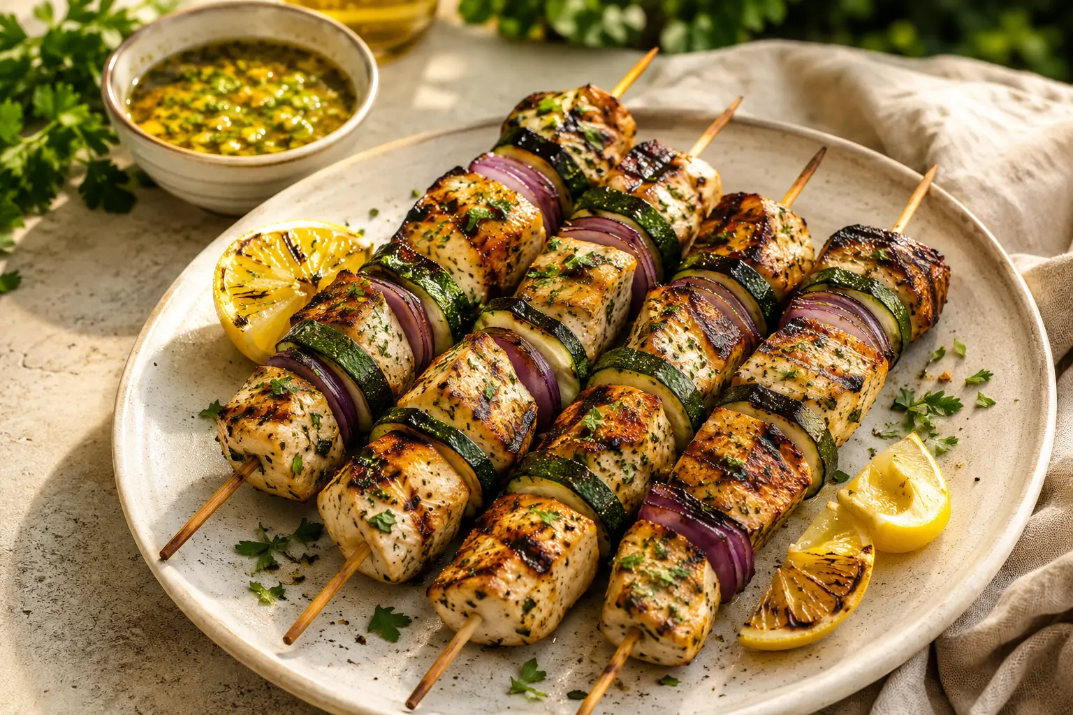 Mediterrane Hähnchen-Zucchini-Spieße mit roten Zwiebeln und Zitrone vom Grill