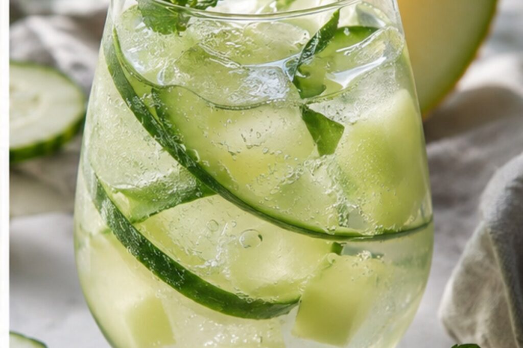 Melonen-Gurken-Gin-Spritz mit Eis und frischen Zutaten