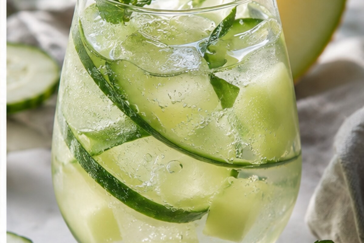 Melonen-Gurken-Gin-Spritz mit Eis und frischen Zutaten