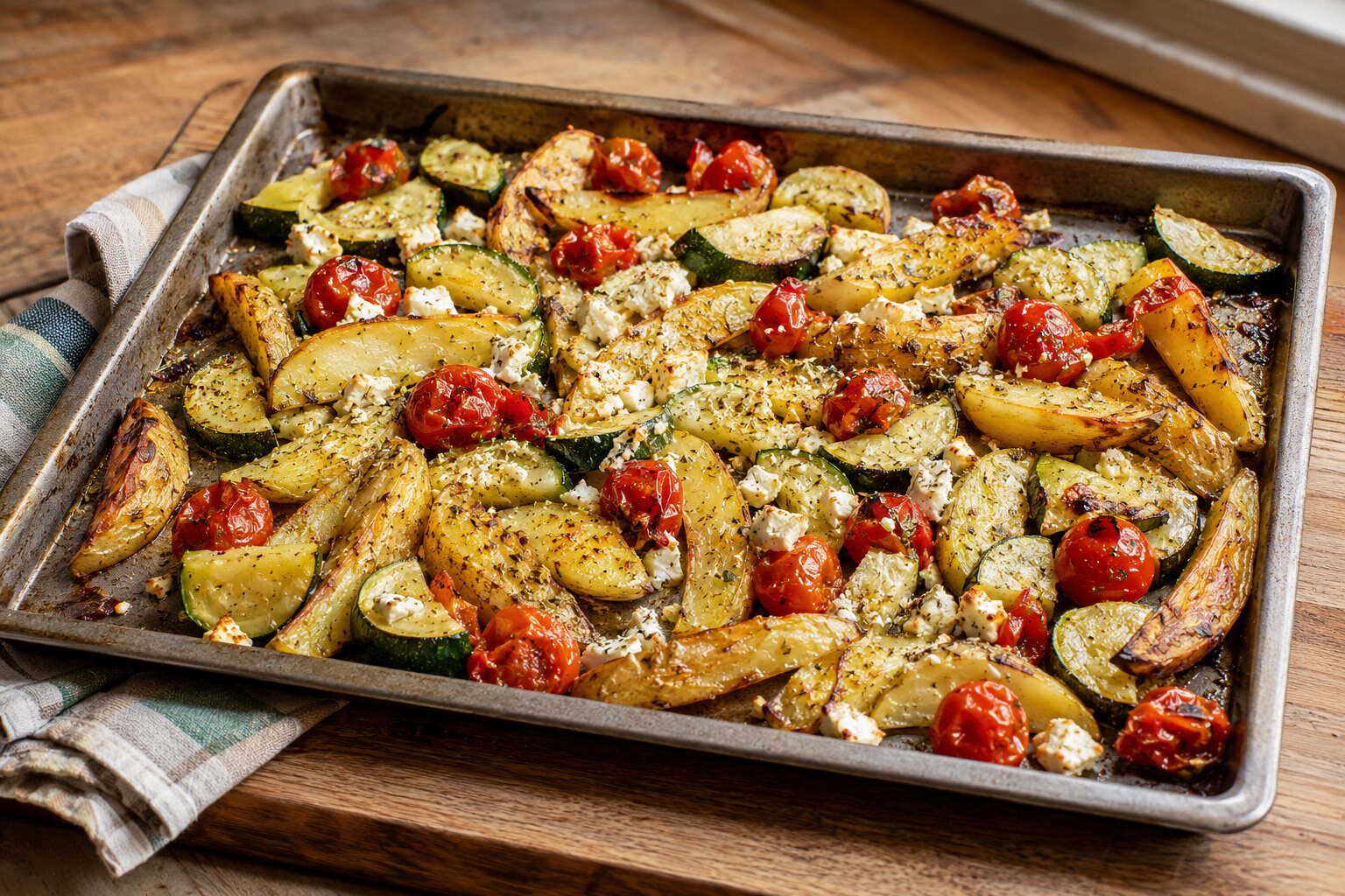 Geröstete Ofenkartoffeln mit Zucchini, Kirschtomaten und Feta vom Blech