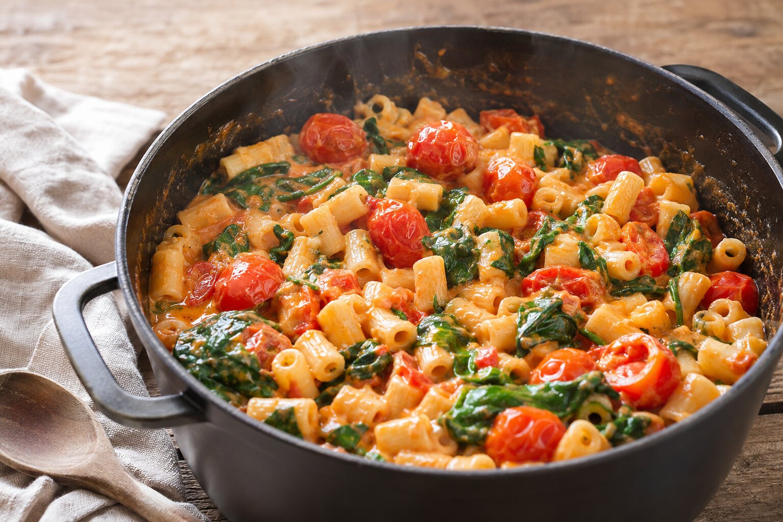 Cremige One-Pot-Sommerpasta mit Kirschtomaten und Spinat