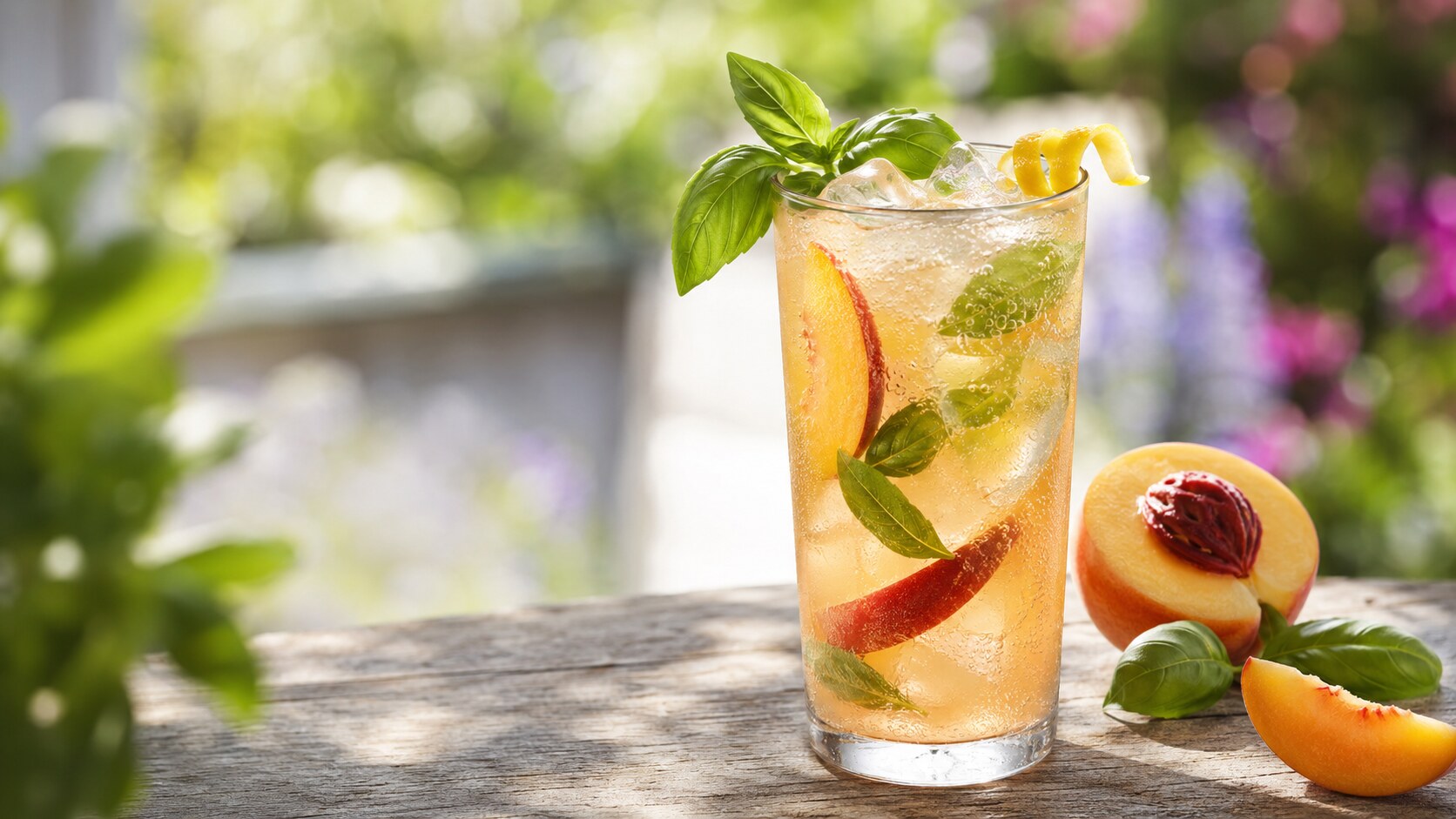Pfirsich-Basilikum-Fizz mit Gin, Zitrone, frischem Basilikum und Eis