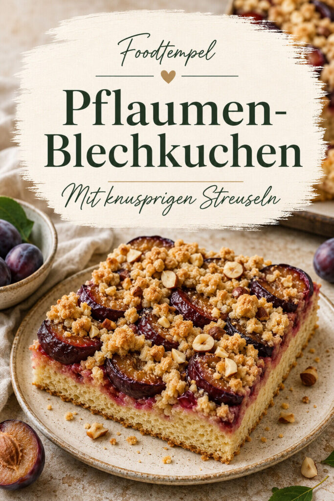 Pflaumen-Blechkuchen mit knusprigen Streuseln – Foodtempel Pinterest Pin