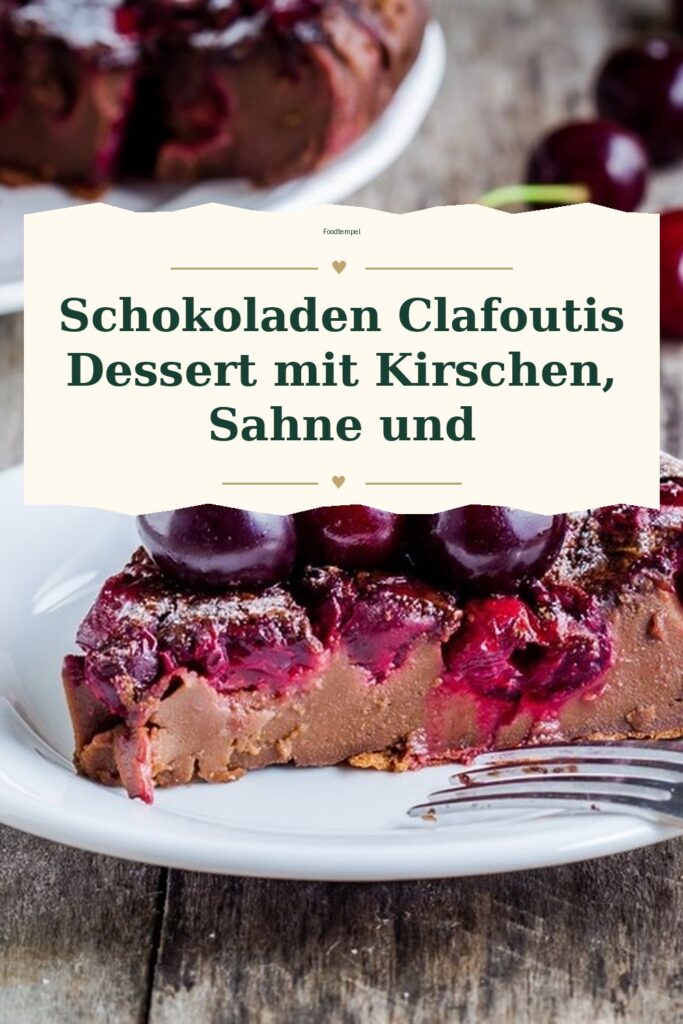 Pinterest-Pin für Schokoladen Clafoutis Dessert mit Kirschen, Sahne und