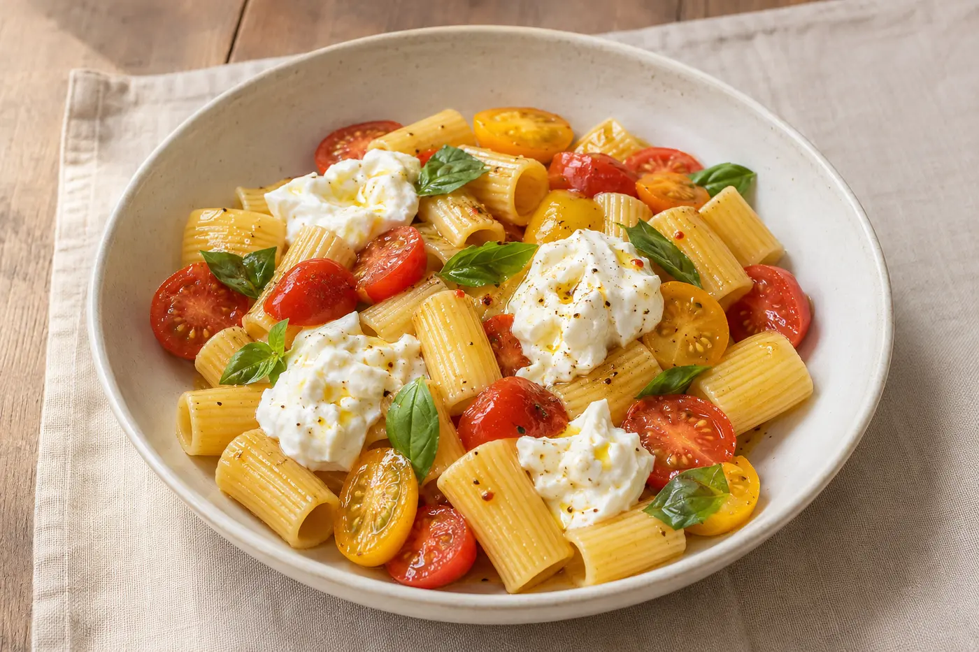 Sommerpasta mit Kirschtomaten, cremiger Burrata und frischem Basilikum