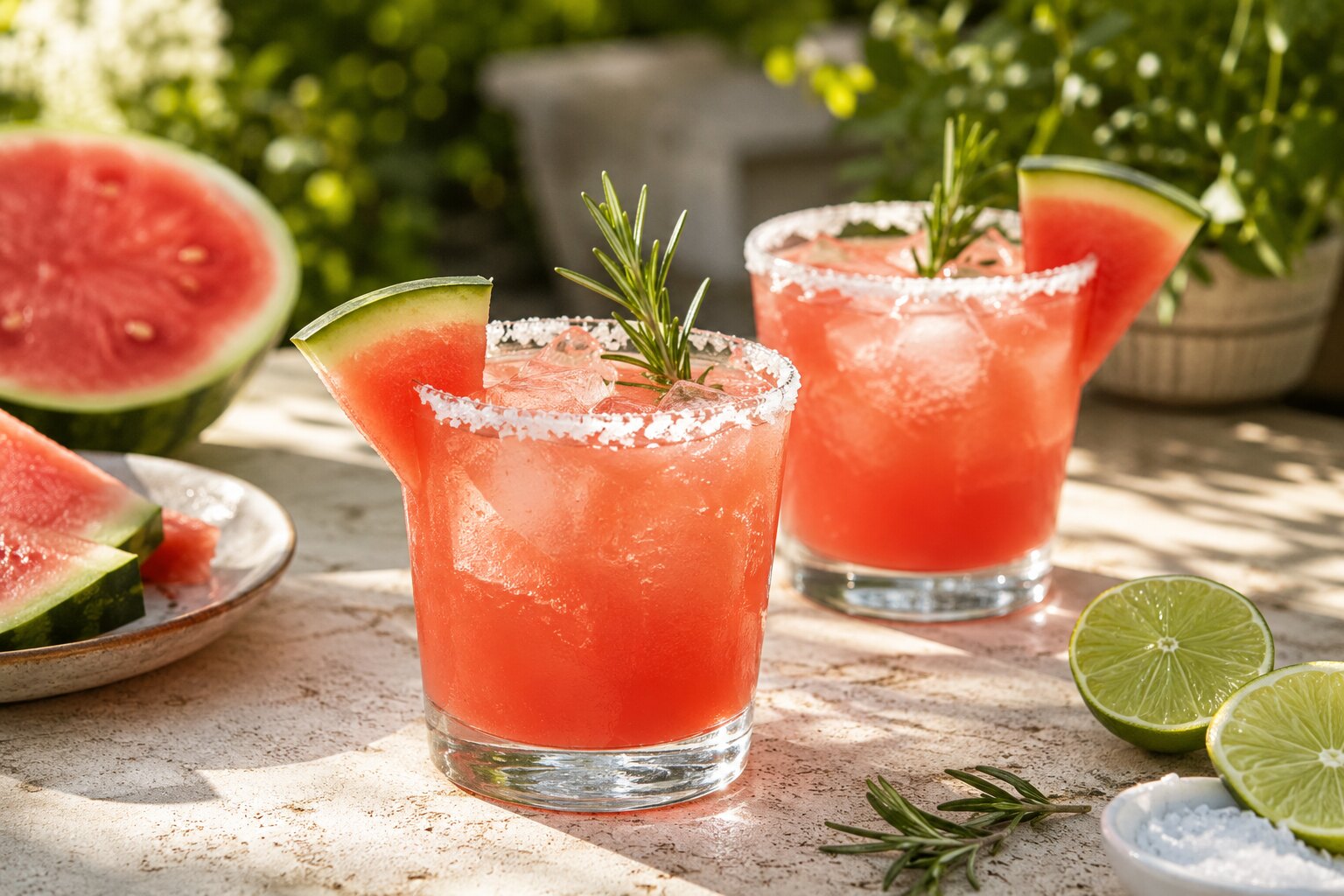 Zwei Wassermelonen-Rosmarin-Margaritas mit Limette und Eis auf einem Sommertisch
